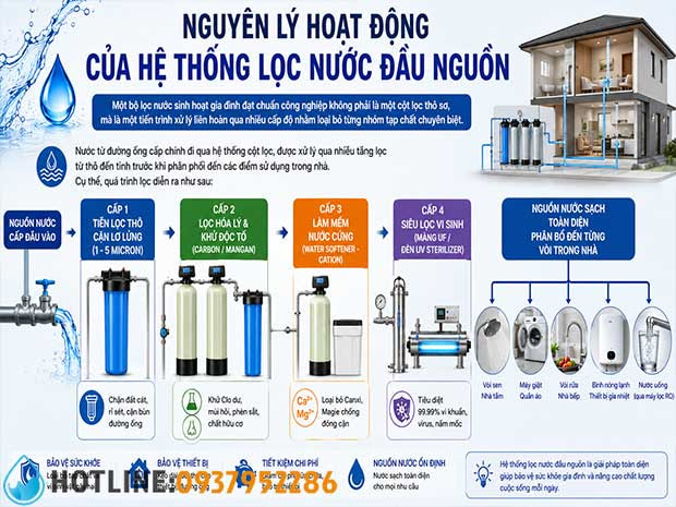 Sơ đồ vị trí lắp đặt máy lọc nước tổng đầu nguồn tại đường ống chính, trước khi nước vào nhà