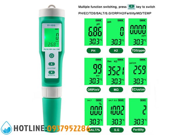 Bút Đo Hydrogen/Độ Mặn/pH/ORP/EC/TDS/Nhiệt Độ/S.G/ 10 in 1 YY-1010